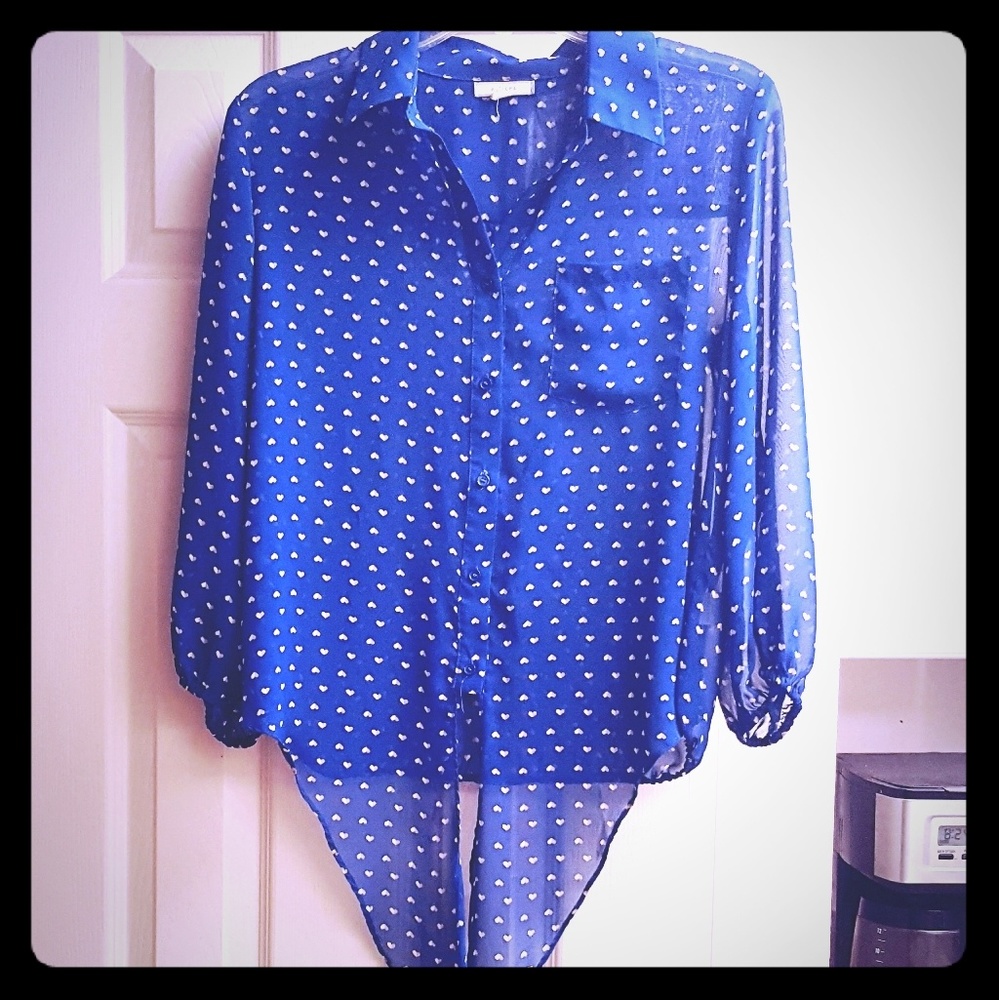 Sheer blouse w/half white/yellow hearts by Pleione